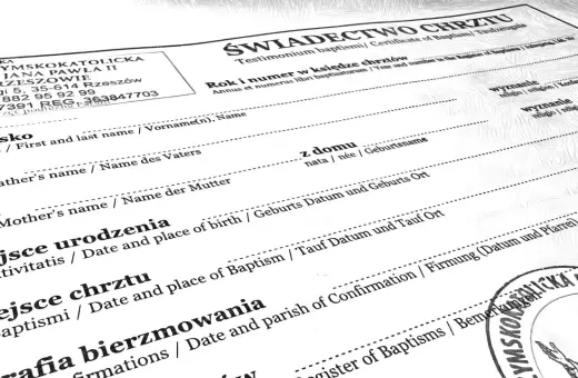 Świadectwo chrztu, dokumenty do chrztu bez ślubu. Wpisane dane rodziców, daty i miejsca urodzenia oraz chrztu.