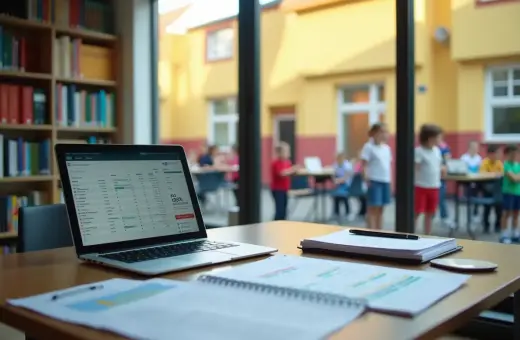 Laptop z danymi finansowymi na biurku, w tle plac zabaw z dziećmi. Zastanawiasz się, ile zarabia pomoc nauczyciela w przedszkolu?