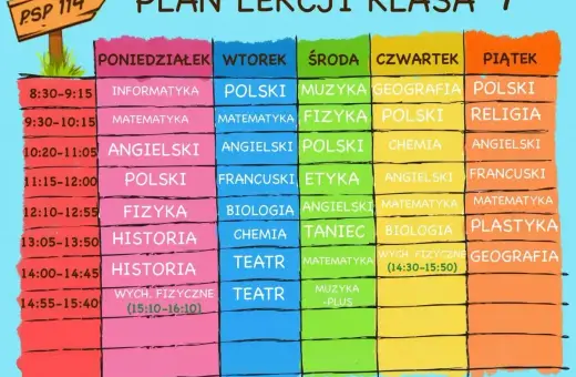 Plan lekcji klasy 7: informatyka, matematyka, angielski, polski, fizyka, historia, wychowanie fizyczne, muzyka, religia, geografia, plastyka, etyka, taniec, chemia, biologia, francuski.