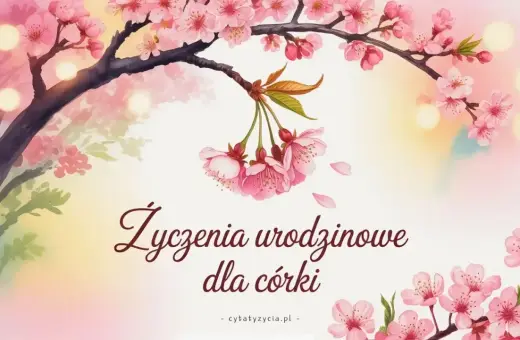 Kwiaty wiśni i delikatne światła tworzą tło dla wyjątkowych życzeń urodzinowych dla córki.
