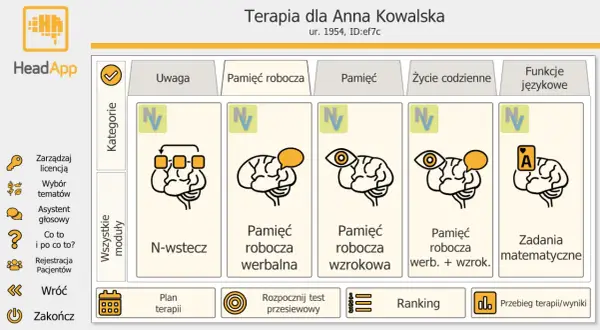 Grafika przedstawia moduły terapii dla Anny Kowalskiej, skupiające się na różnych aspektach pamięci operacyjnej człowieka, w tym pamięci werbalnej i wzrokowej.