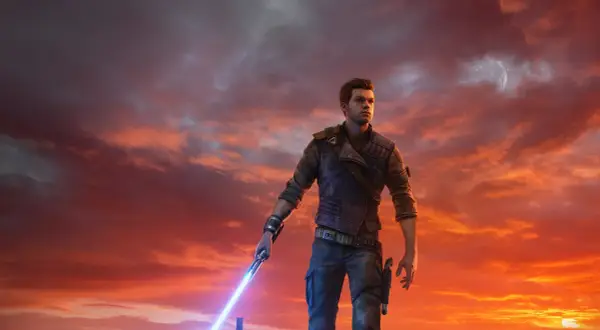 Cal Kestis, bohater Jedi Survivor PS4, stoi na tle dramatycznego, pomarańczowego nieba, trzymając zapalony miecz świetlny.