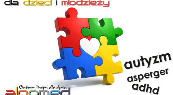 Kolorowe puzzle tworzące serce symbolizują centrum terapii dla dzieci. Autyzm, asperger, adhd, add – ćwiczenia terapeutyczne pomagają.