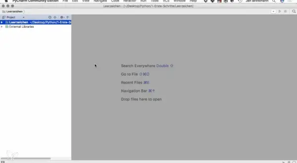 Interface PyCharm pour ouvrir un fichier python. Le projet "Leerzeichen" est visible dans l'explorateur de fichiers.