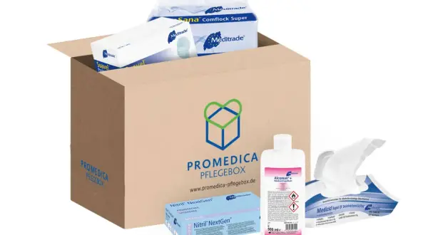 Der Inhalt der Pflegebox: Handschuhe, Desinfektionstücher, Handdesinfektionsmittel und Masken.