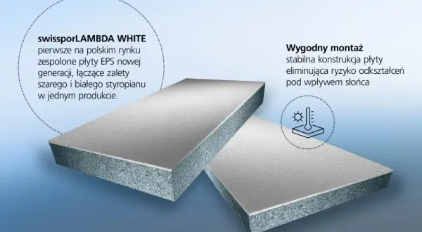 Dwie płyty styropianowe EPS, tworzące podwójny mur. Szary i biały styropian w jednym produkcie, zapewniający stabilność i wygodny montaż.