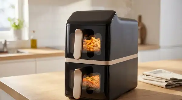Czarny, dwupoziomowy air fryer z frytkami i łososiem w środku. To najlepszy air fryer do szybkiego przygotowania posiłków.
