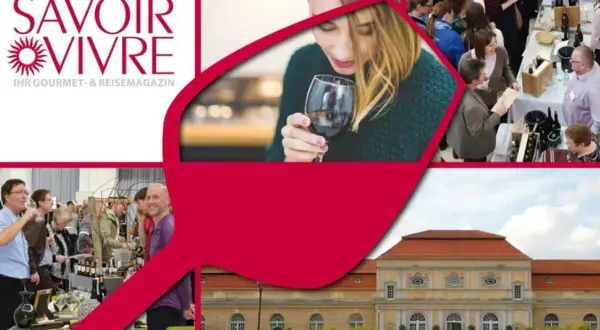 Menschen genießen Wein auf einem Fest. Ein Magazin-Logo "Savoir Vivre" ist zu sehen. Ein Gebäude im Hintergrund.