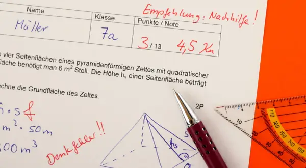 Schulaufgabe mit Berechnungen zu einem Zelt. Die Seitenflächen eines Kegels sind Teil der Aufgabe. Ein Denkfehler wird rot angemerkt.