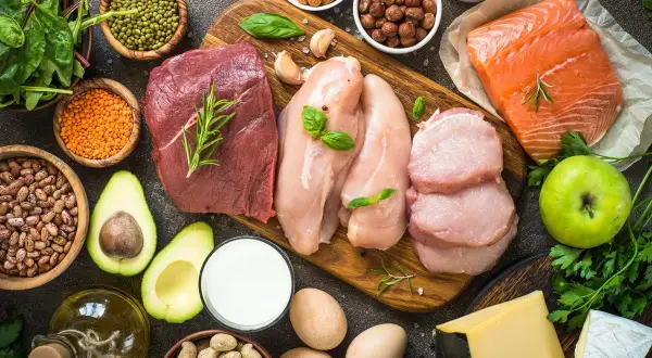 Różnorodne produkty bogate w białko i zdrowe tłuszcze: mięso, ryby, drób, jaja, nabiał, orzechy, awokado, oliwa. Wśród nich znajdziemy źródła kwasów tłuszczowych nasyconych.