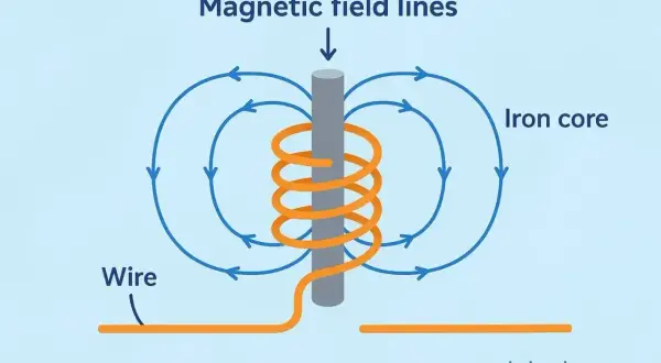 Schemat elektromagnesu z rdzeniem żelaznym, nawiniętym drutem i liniami pola magnetycznego.