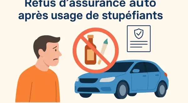 Un homme triste regarde sa voiture bleue, symbolisant le refus d'assurance auto après usage de stupéfiants.