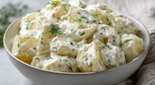 En skål med krämig, hemmagjord potatissallad, toppad med färsk dill och en nypa peppar. Perfekt till grillkvällen!