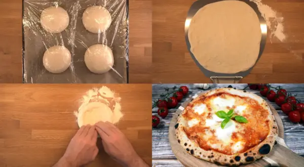 Pizzadeg som jäser, formas och bakas till en Margherita med olivolja.