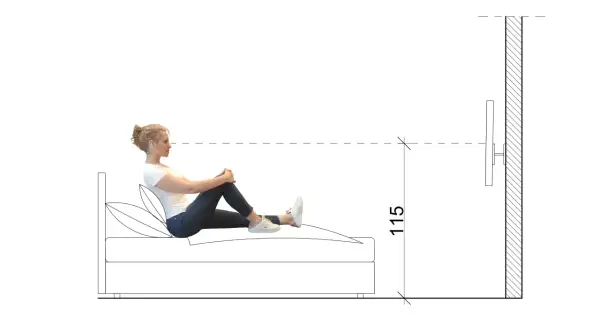 Schematyczne przedstawienie kobiety siedzącej na łóżku, z zaznaczoną odległością 115 cm do zamontowanego na ścianie telewizora.