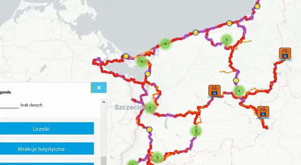 Mapa z zaznaczoną trasą rowerową pojezierzy zachodnich, z punktami widokowymi i atrakcjami turystycznymi.
