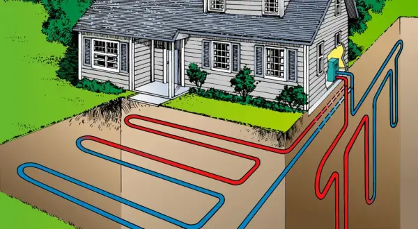 Ilustración de una casa con tuberías rojas y azules enterradas, mostrando que es la geotermia y cómo funciona extrayendo calor del subsuelo.
