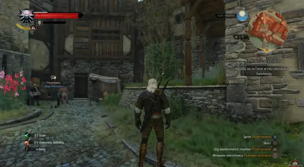 Geralt w arcymistrzowskim rynsztunku kota stoi na kamiennej ścieżce przed kamienno-drewnianym budynkiem.