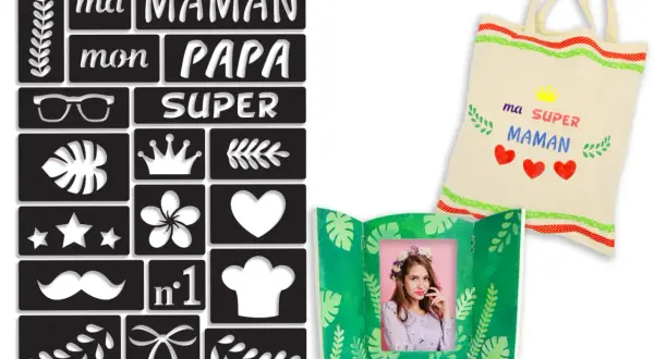 Ensemble de pochoirs pour personnaliser un sac et un cadre photo. Idéal pour apprendre comment utiliser un pochoir et créer un cadeau unique pour "ma SUPER MAMAN".