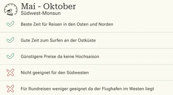 Mai-Oktober: Südwest-Monsun auf Sri Lanka. Gut für Reisen in den Osten/Norden, Surfen an der Ostküste, günstig. Südwesten und Rundreisen weniger ideal.
