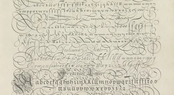 A page of elaborate, decorative cursive script, showcasing the alphabet and various letter combinations. This is a masterclass in penmanship, ever so elegant.