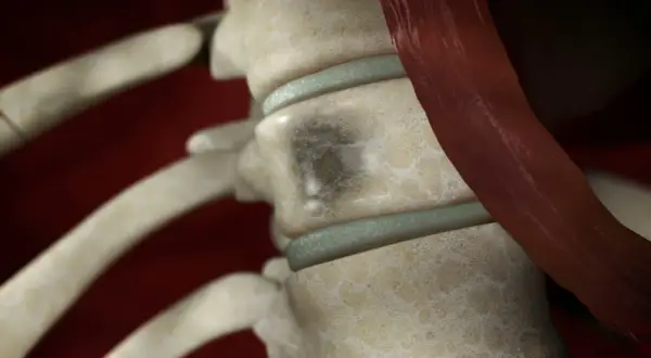 Detailaufnahme der Wirbelsäule mit einem dunklen Fleck auf einem Wirbelkörper, der auf multiples Myelom hindeutet. Woran stirbt man bei dieser Krankheit, ist eine wichtige Frage.