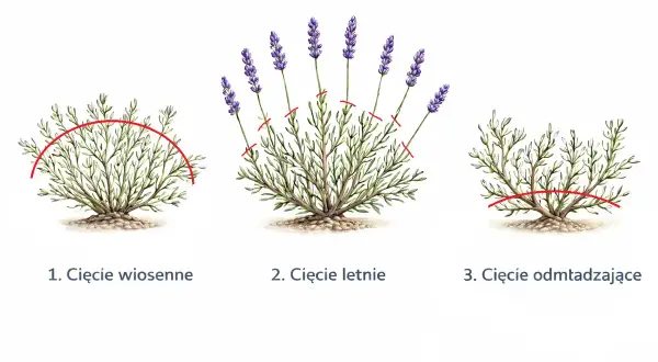 Ilustracja pokazuje trzy etapy cięcia lawendy: wiosenne, letnie i odmładzające.