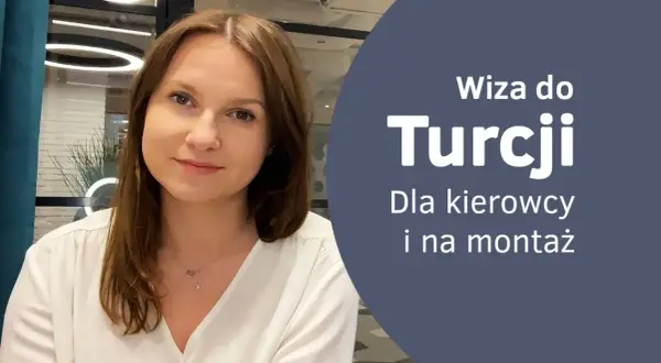 Kobieta w białej bluzce na tle napisu "Wiza do Turcji".