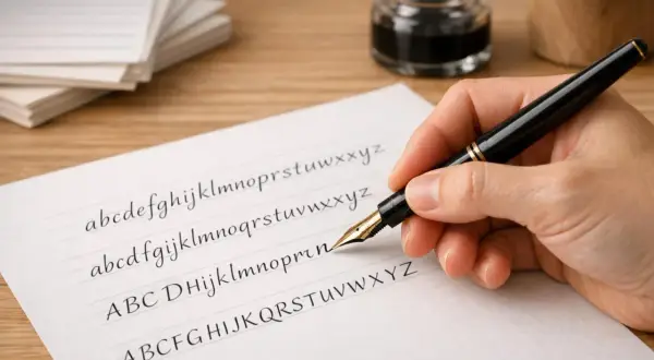 Learning how to make cursive letters with a fountain pen and ink. Practicing the alphabet on lined paper.