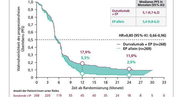 Kaplan-Meier-Kurven zeigen Überlebensraten bei Lungenkrebs. Die Daten deuten auf eine verbesserte Lebenserwartung bei Rezidiv mit Durvalumab + EP hin.
