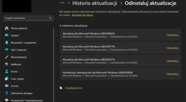 Ekran "Odinstaluj aktualizacje" w Ustawieniach Windows. Widzisz listę zainstalowanych aktualizacji, z opcją "Odinstaluj", co pozwala cofnąć aktualizację.