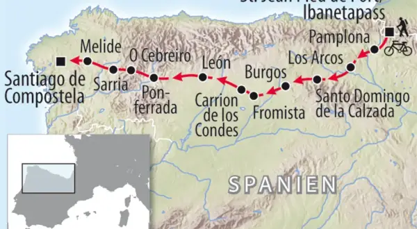 Karte zeigt den Jakobsweg von St. Jean Pied de Port bis Santiago de Compostela. Orte wie Pamplona, Burgos und León sind markiert.