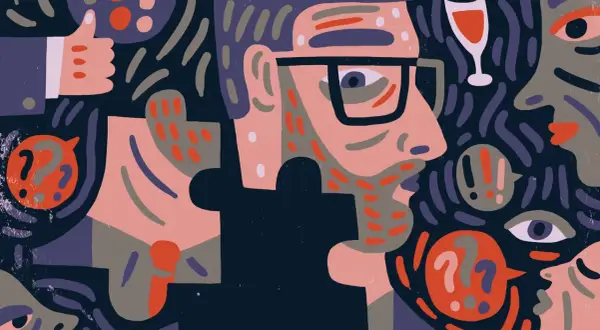 Abstrakt illustration av en person med glasögon, omgiven av frågetecken och utropstecken. En tumme upp syns också. En visuell representation av en social kompetens test.