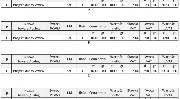 Porównanie faktur: vat należny a naliczony dla projektu strony WWW. Różne kwoty VAT z VAT.