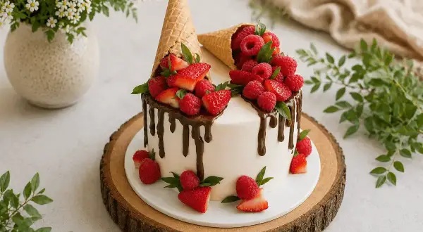 Eine moderne Erdbeertorte mit Schokoladenglasur, gefüllt mit frischen Erdbeeren und Himbeeren in Eiswaffeln.
