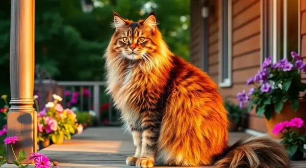 Majestatyczny maine coon o rudym futrze siedzi na werandzie, otoczony kwitnącymi kwiatami.