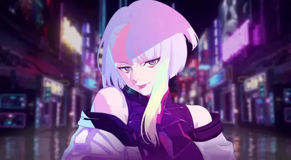 Lucy z Cyberpunk: Edgerunners, w neonowym mieście, z fioletowymi oczami i włosami w odcieniach różu i żółci.