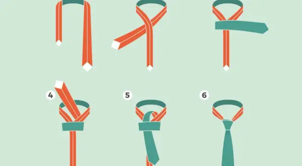 Illustrazione passo passo per creare un nodo piccolo cravatta. Sei immagini mostrano come intrecciare le due parti della cravatta fino a ottenere il nodo finale.
