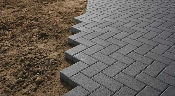 Posa di autobloccanti per esterno in grigio, con un motivo a spina di pesce, che si estendono su un terreno sabbioso.