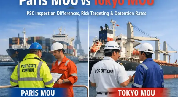 Zwei Schiffsinspektoren besprechen Dokumente. Links die Aufschrift "Paris MOU", rechts "Tokyo MOU".