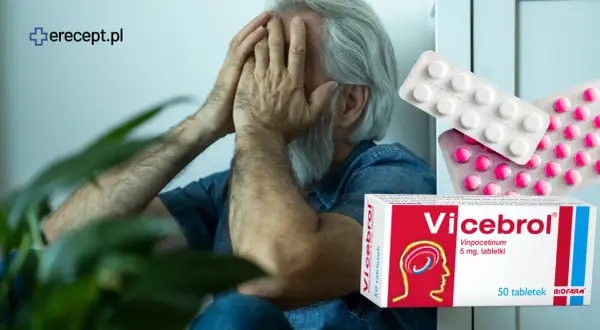 Zestresowany mężczyzna, obok opakowanie i blistry leku Vicebrol forte, wsparcie dla mózgu.