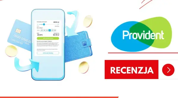 Czy Provident udziela pożyczek zadłużonym? Na ekranie telefonu widać symulację pożyczki. Logo Provident i przycisk "Recenzja".