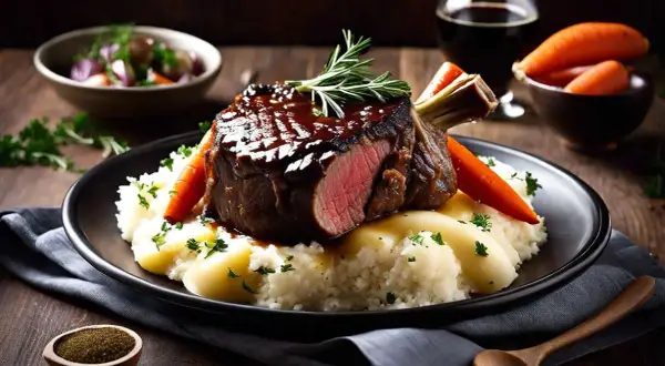 Un succulent jarret de boeuf, nappé de sauce, servi sur une purée onctueuse, accompagné de carottes et d'une touche de romarin.