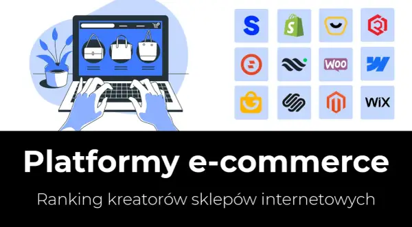 Grafika przedstawia laptop z wyświetlonymi torebkami, obok ikony popularnych platform ecommerce.