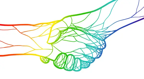 Zwei Hände, verbunden durch bunte Adern, symbolisieren das Vertrauen, sich auf jemanden verlassen zu können.