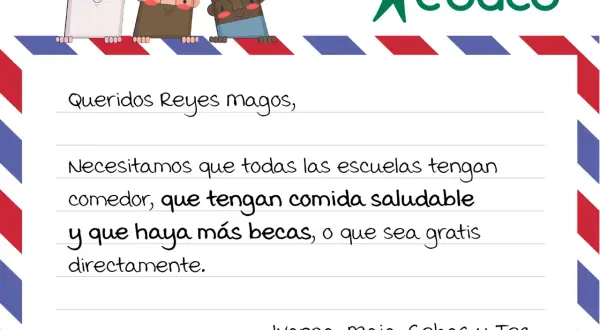 Ilustración de tres Reyes Magos con una carta escrita a mano y el logo de "Reduco".