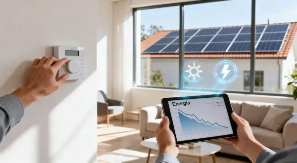Persona ajusta termostato mientras tablet muestra gráfico de energía y paneles solares en tejado, indicando gestión de excedentes PVPC.
