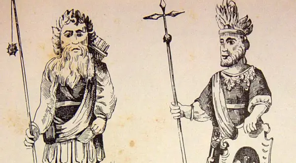 Gog i Magog, dwaj wojownicy w starożytnych strojach, jeden z łukiem i maczugą, drugi z berłem i tarczą.