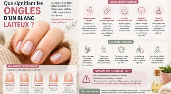 Ongles d'un blanc laiteux : causes possibles (traumatismes, carences, mycoses, maladies, produits chimiques) et soins.