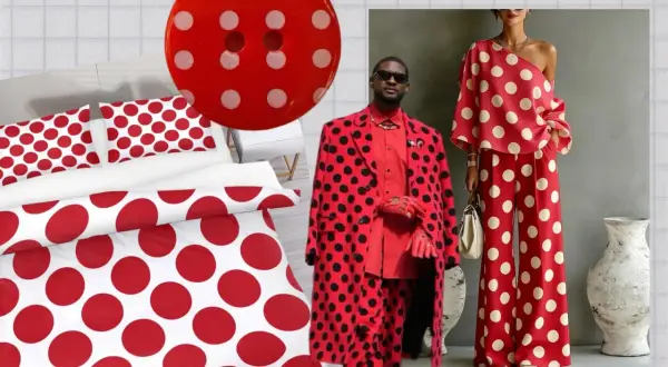 A bold red and white polka dot theme, from bedding to fashion, showcasing the playful polka dot meaning.